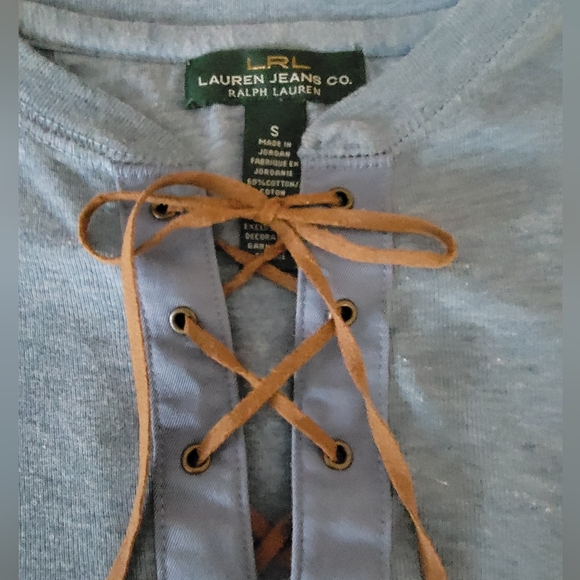 Lauren Ralph Lauren Light Blue Lace-Up Henley Top Small Long Sleeve Cotton - Picture 5 of 8